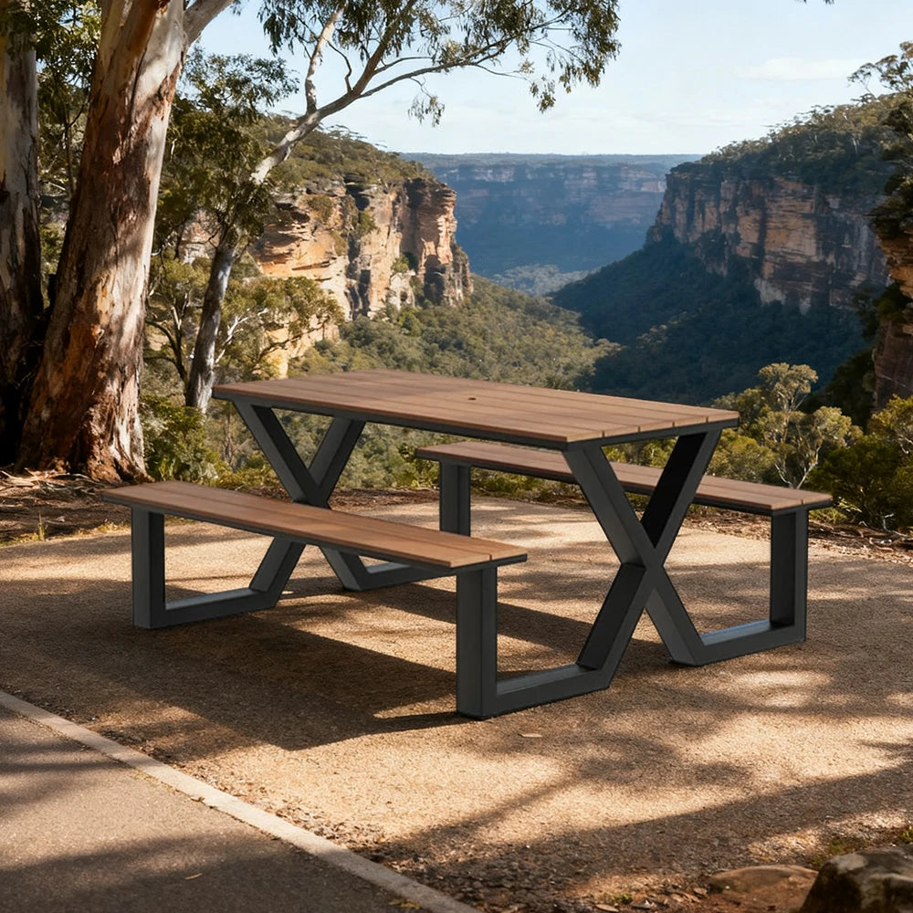 SOLARA Outdoor Table & Chair Set 120/160/200cm Waterproof Sun-Resistant Plastic-Wood Surface Carbon Steel Frame Stable Anti-Corrosion Design - Black