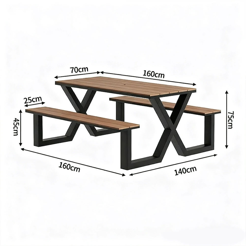 SOLARA Outdoor Table & Chair Set 120/160/200cm Waterproof Sun-Resistant Plastic-Wood Surface Carbon Steel Frame Stable Anti-Corrosion Design - Black