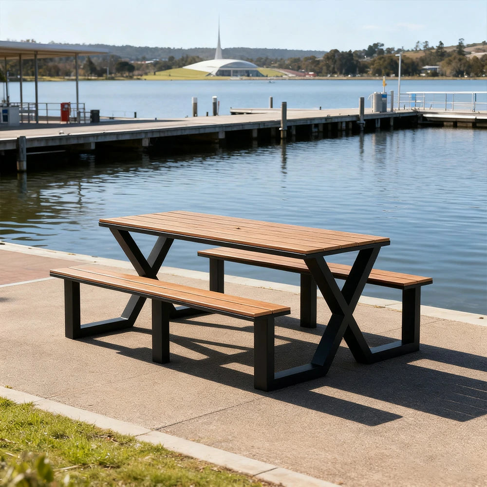 SOLARA Outdoor Table & Chair Set 120/160/200cm Waterproof Sun-Resistant Plastic-Wood Surface Carbon Steel Frame Stable Anti-Corrosion Design - Black