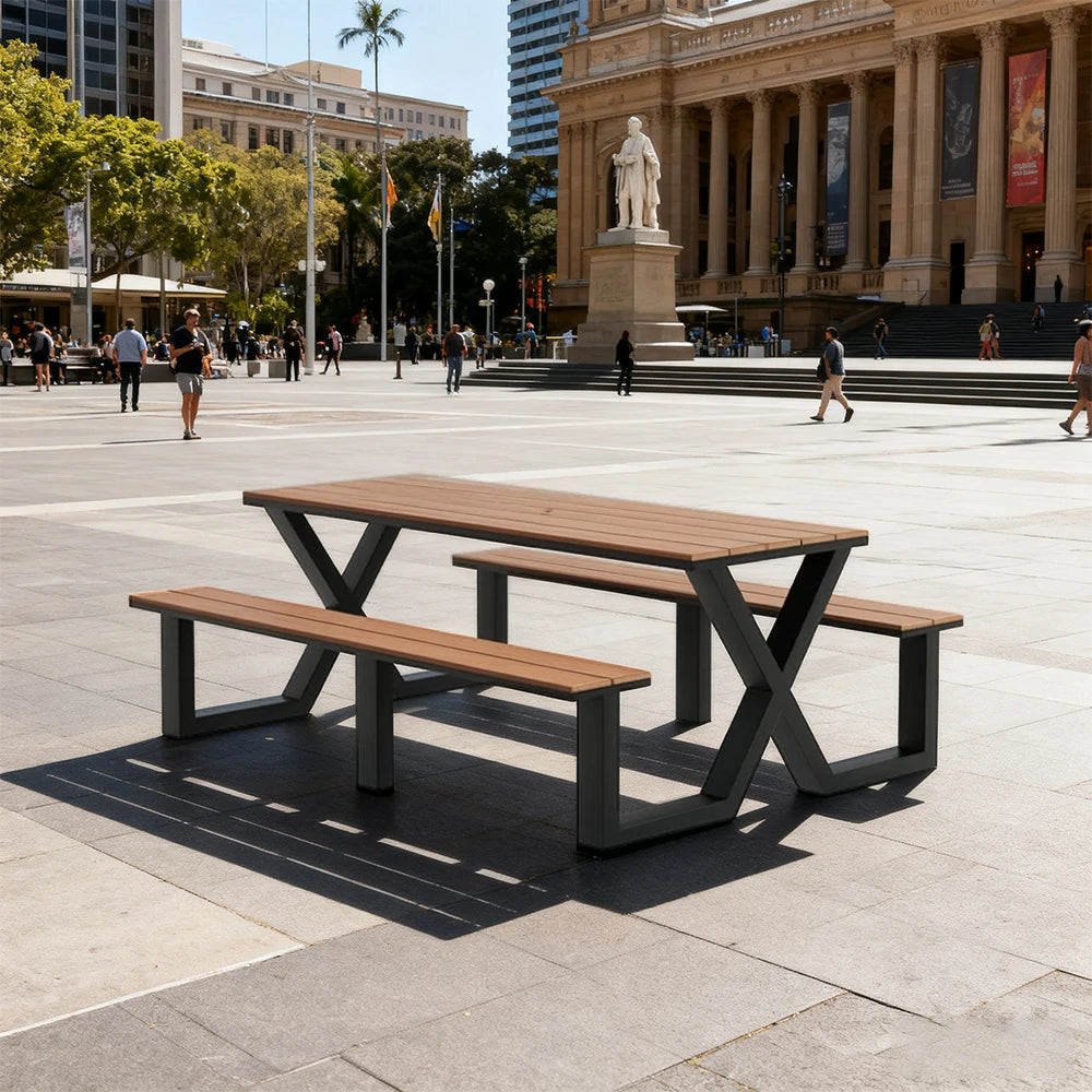 SOLARA Outdoor Table & Chair Set 120/160/200cm Waterproof Sun-Resistant Plastic-Wood Surface Carbon Steel Frame Stable Anti-Corrosion Design - Black