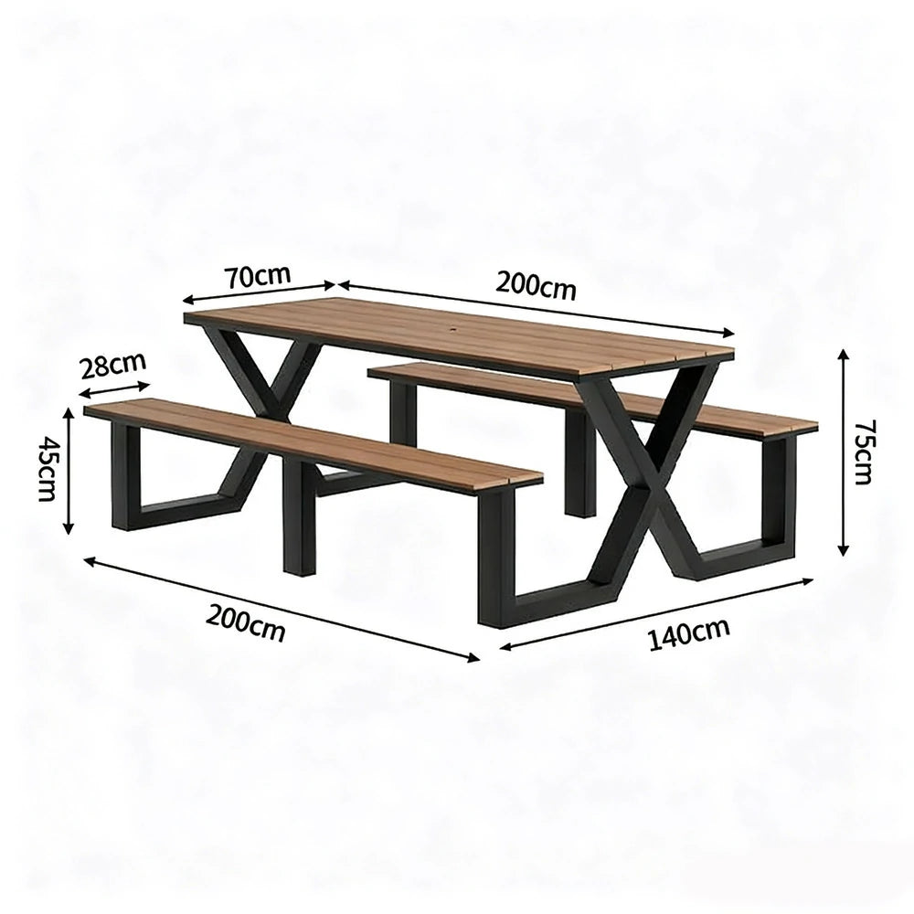 SOLARA Outdoor Table & Chair Set 120/160/200cm Waterproof Sun-Resistant Plastic-Wood Surface Carbon Steel Frame Stable Anti-Corrosion Design - Black