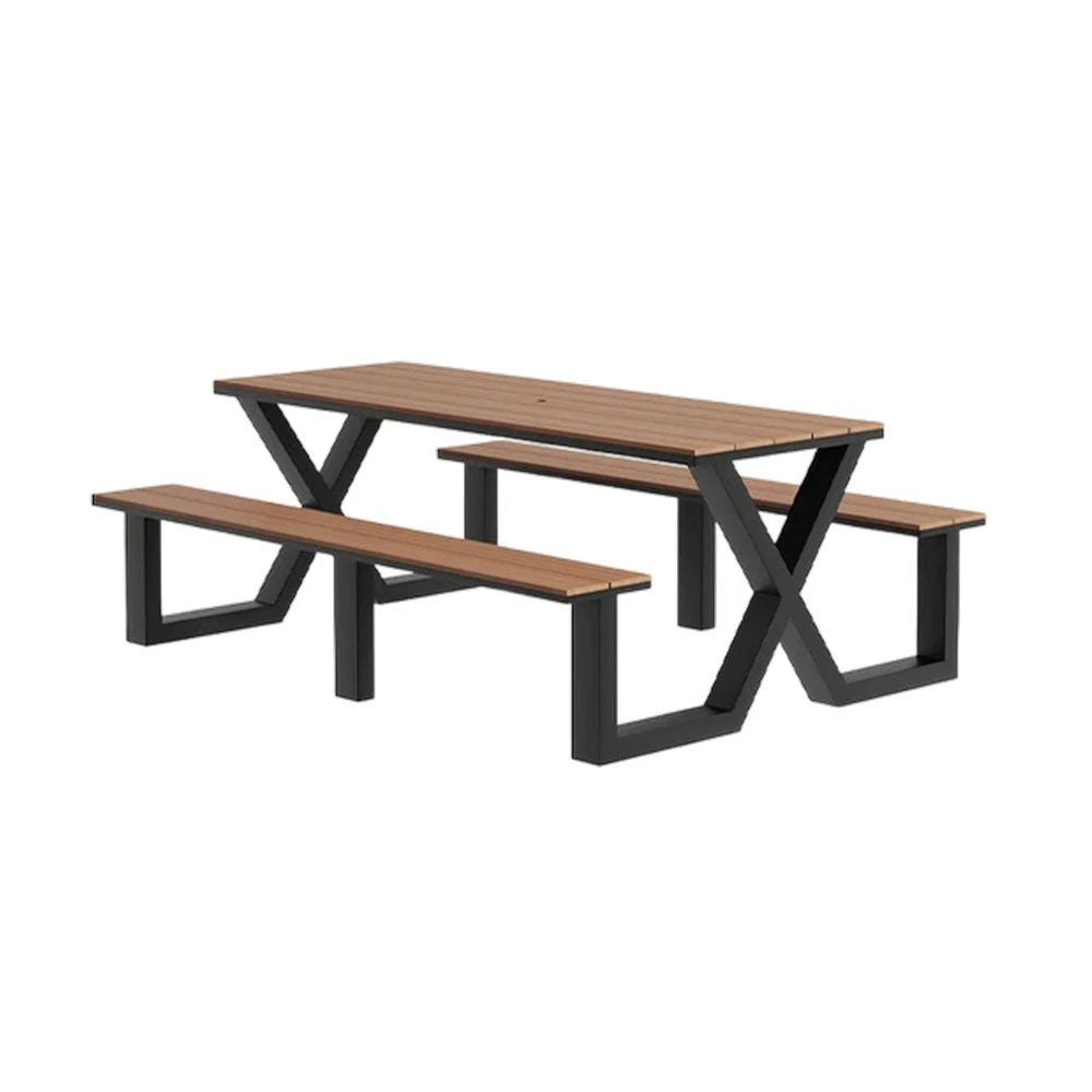 SOLARA Outdoor Table & Chair Set 120/160/200cm Waterproof Sun-Resistant Plastic-Wood Surface Carbon Steel Frame Stable Anti-Corrosion Design - Black