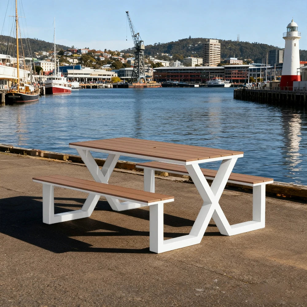 SOLARA Outdoor Table & Chair Set 120/160/200cm Waterproof Sun-Resistant Plastic-Wood Surface Carbon Steel Frame Stable Anti-Corrosion Design - White