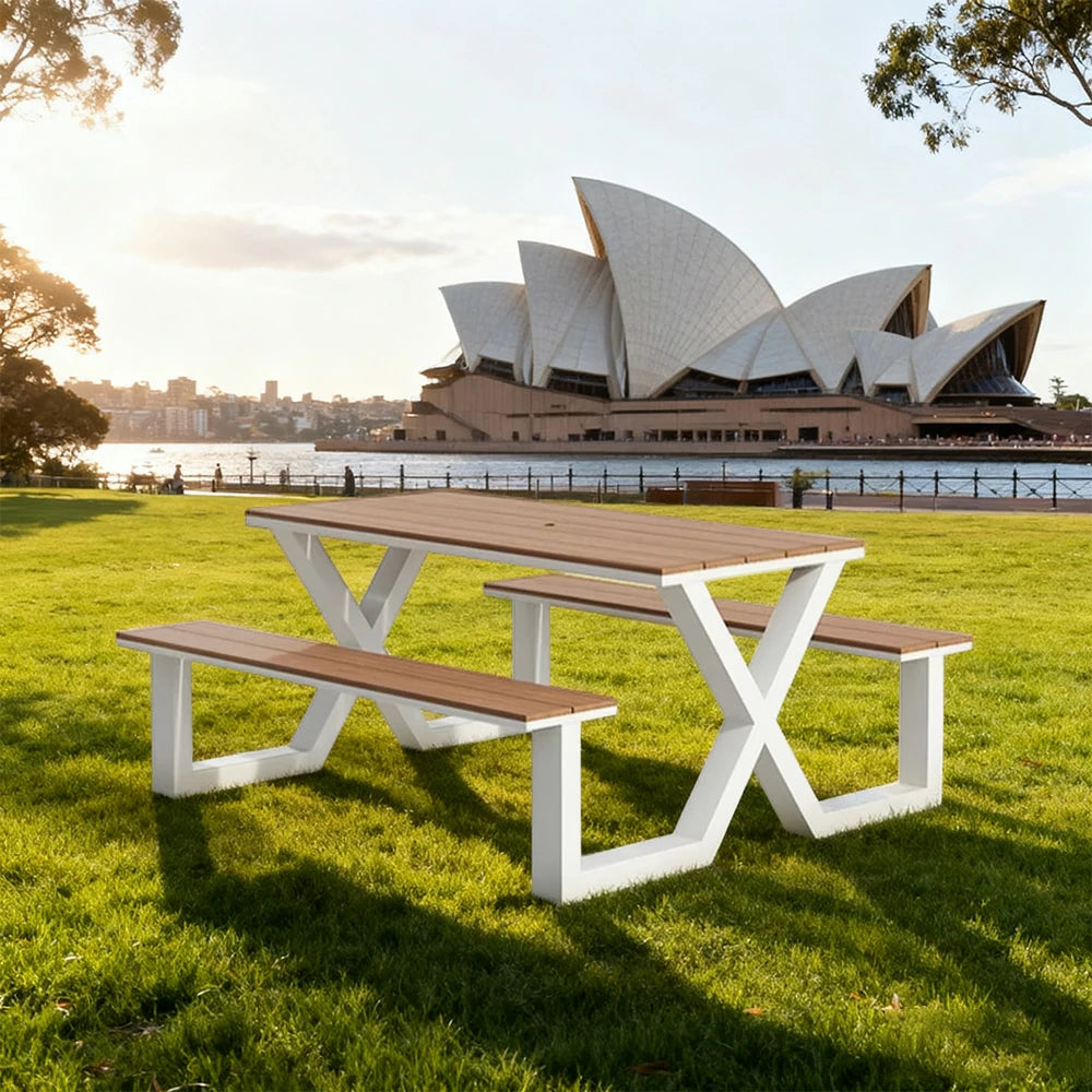 SOLARA Outdoor Table & Chair Set 120/160/200cm Waterproof Sun-Resistant Plastic-Wood Surface Carbon Steel Frame Stable Anti-Corrosion Design - White