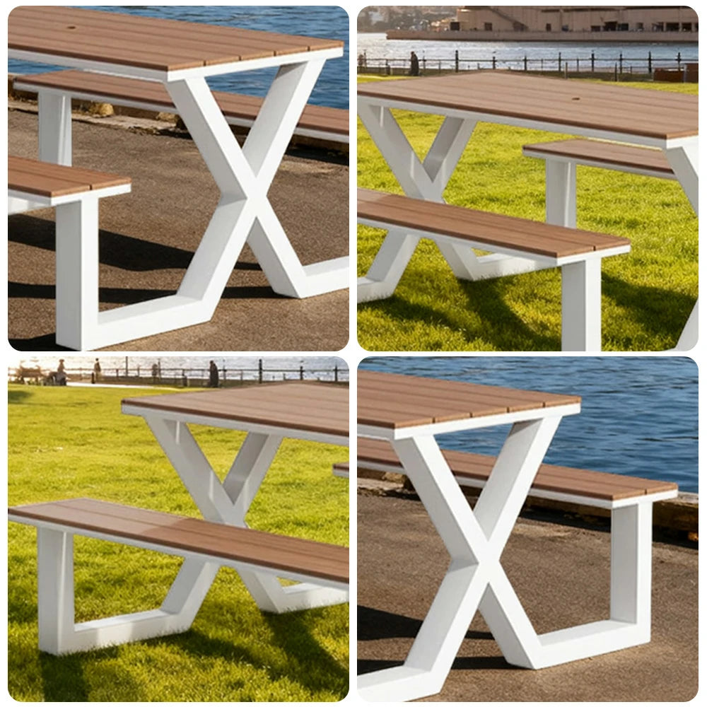 SOLARA Outdoor Table & Chair Set 120/160/200cm Waterproof Sun-Resistant Plastic-Wood Surface Carbon Steel Frame Stable Anti-Corrosion Design - White