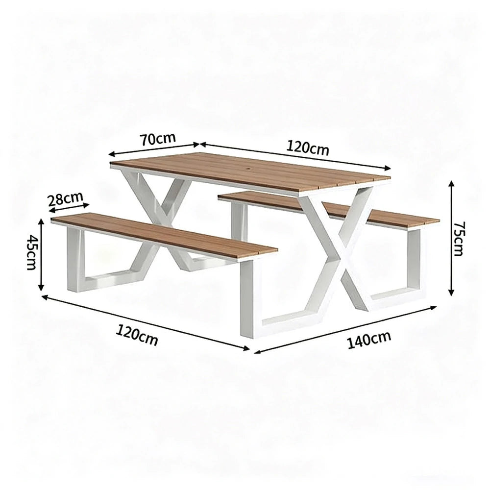 SOLARA Outdoor Table & Chair Set 120/160/200cm Waterproof Sun-Resistant Plastic-Wood Surface Carbon Steel Frame Stable Anti-Corrosion Design - White