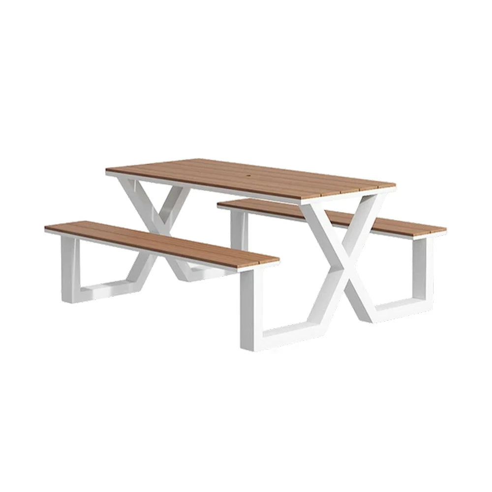 SOLARA Outdoor Table & Chair Set 120/160/200cm Waterproof Sun-Resistant Plastic-Wood Surface Carbon Steel Frame Stable Anti-Corrosion Design - White