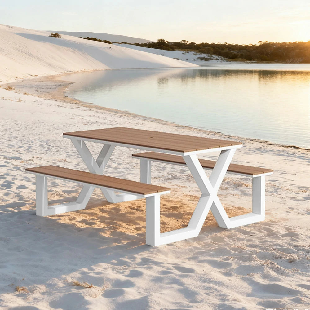 SOLARA Outdoor Table & Chair Set 120/160/200cm Waterproof Sun-Resistant Plastic-Wood Surface Carbon Steel Frame Stable Anti-Corrosion Design - White