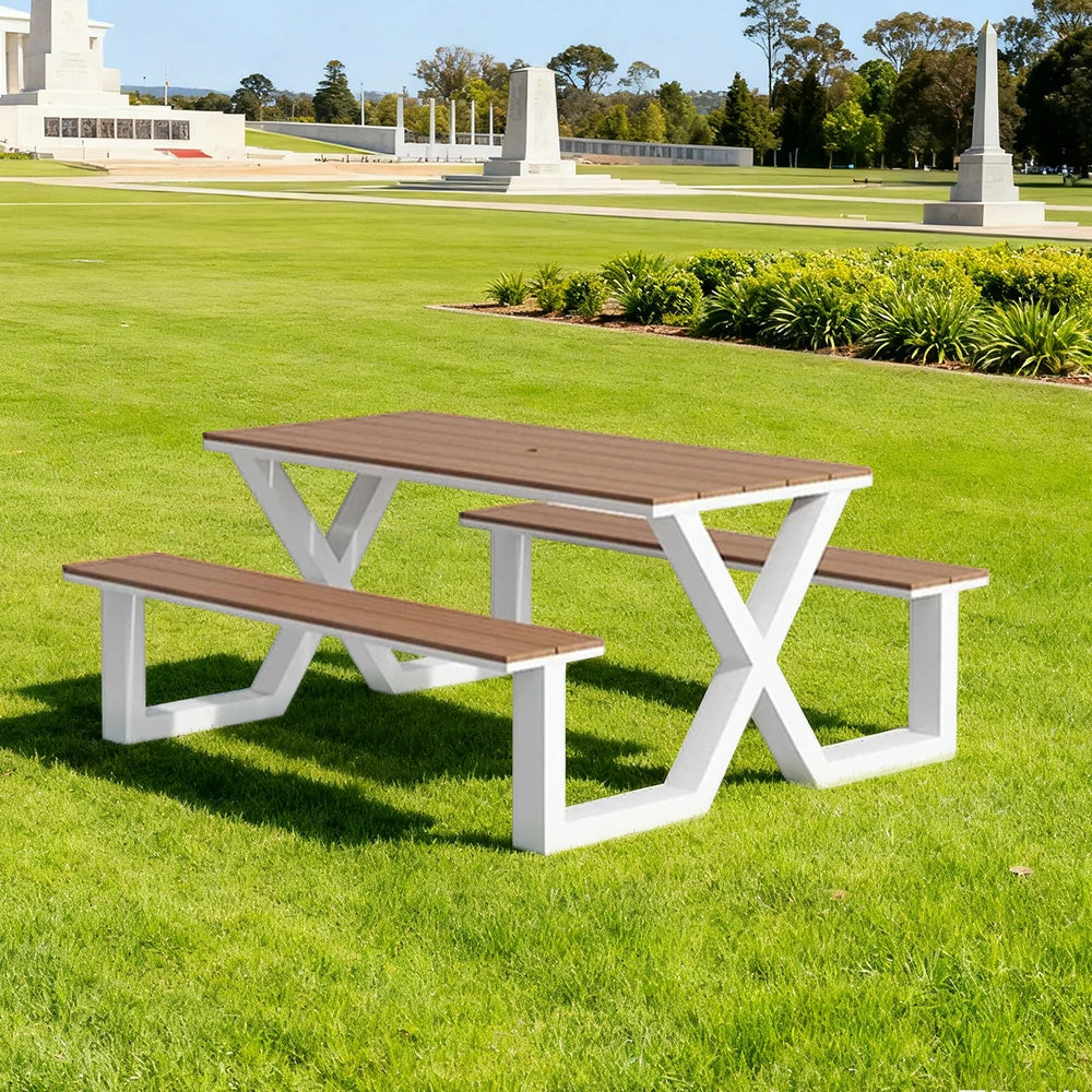 SOLARA Outdoor Table & Chair Set 120/160/200cm Waterproof Sun-Resistant Plastic-Wood Surface Carbon Steel Frame Stable Anti-Corrosion Design - White