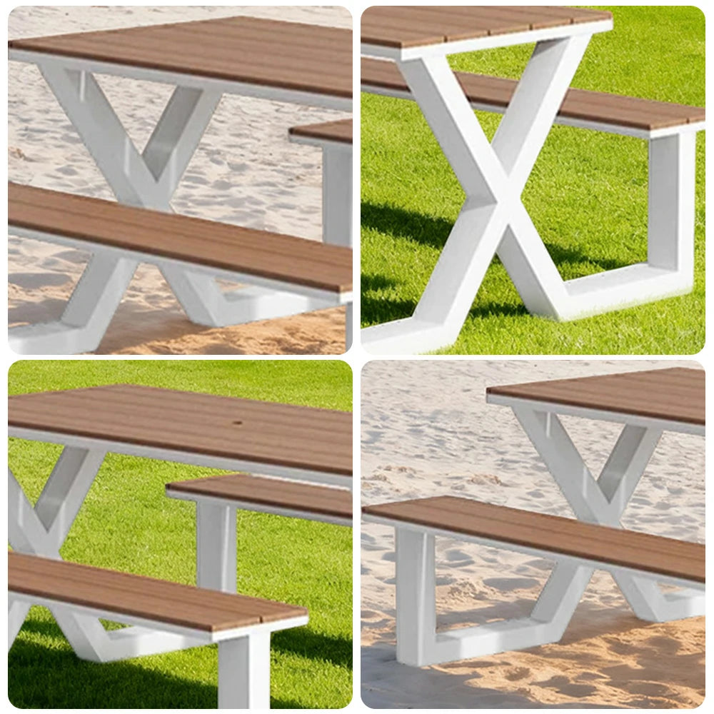 SOLARA Outdoor Table & Chair Set 120/160/200cm Waterproof Sun-Resistant Plastic-Wood Surface Carbon Steel Frame Stable Anti-Corrosion Design - White