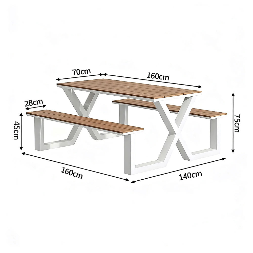 SOLARA Outdoor Table & Chair Set 120/160/200cm Waterproof Sun-Resistant Plastic-Wood Surface Carbon Steel Frame Stable Anti-Corrosion Design - White