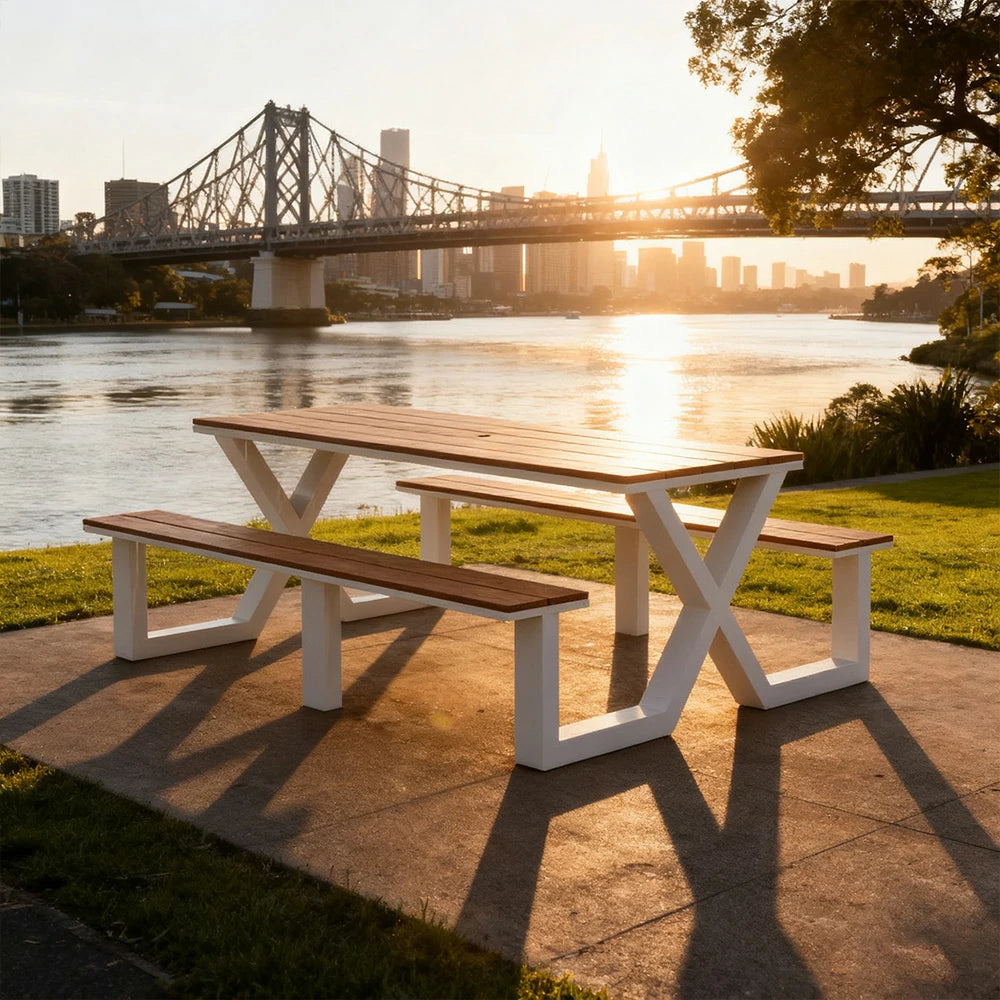 SOLARA Outdoor Table & Chair Set 120/160/200cm Waterproof Sun-Resistant Plastic-Wood Surface Carbon Steel Frame Stable Anti-Corrosion Design - White