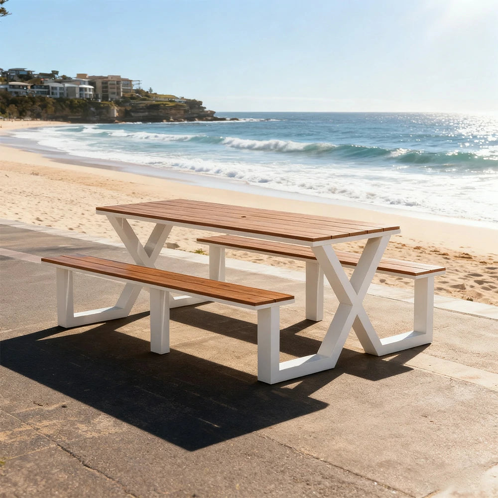 SOLARA Outdoor Table & Chair Set 120/160/200cm Waterproof Sun-Resistant Plastic-Wood Surface Carbon Steel Frame Stable Anti-Corrosion Design - White