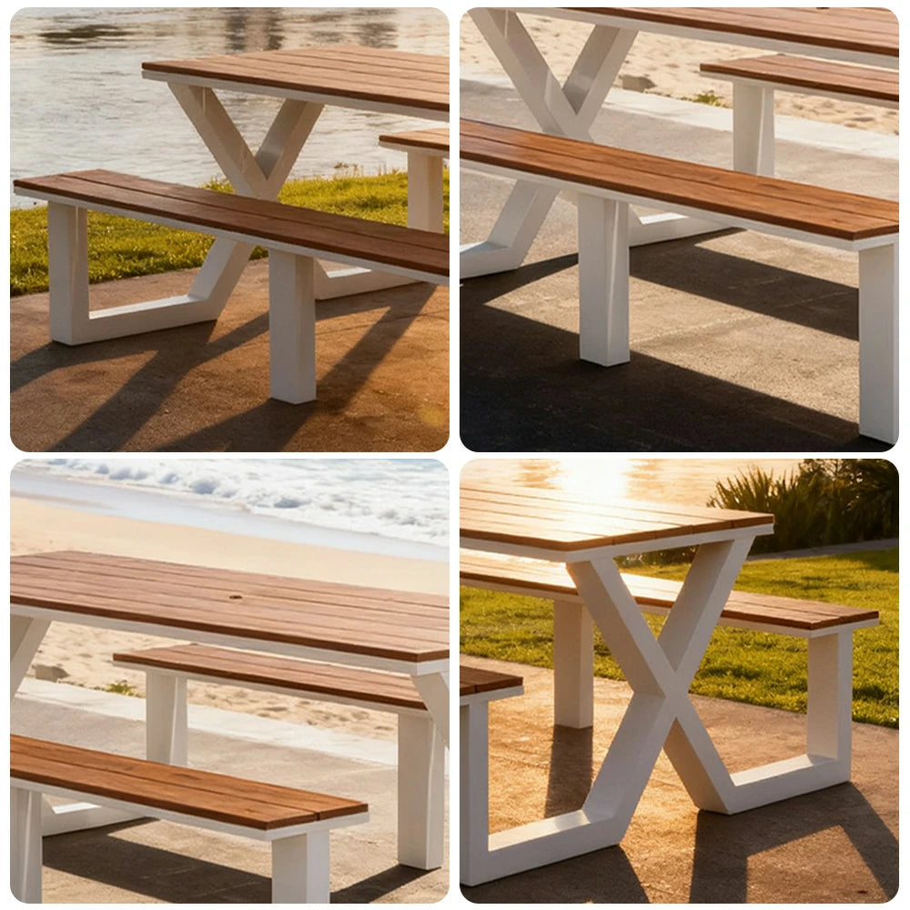 SOLARA Outdoor Table & Chair Set 120/160/200cm Waterproof Sun-Resistant Plastic-Wood Surface Carbon Steel Frame Stable Anti-Corrosion Design - White