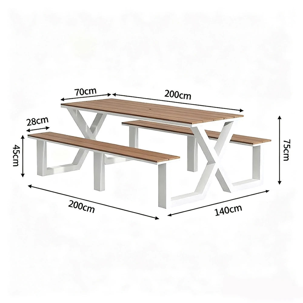 SOLARA Outdoor Table & Chair Set 120/160/200cm Waterproof Sun-Resistant Plastic-Wood Surface Carbon Steel Frame Stable Anti-Corrosion Design - White