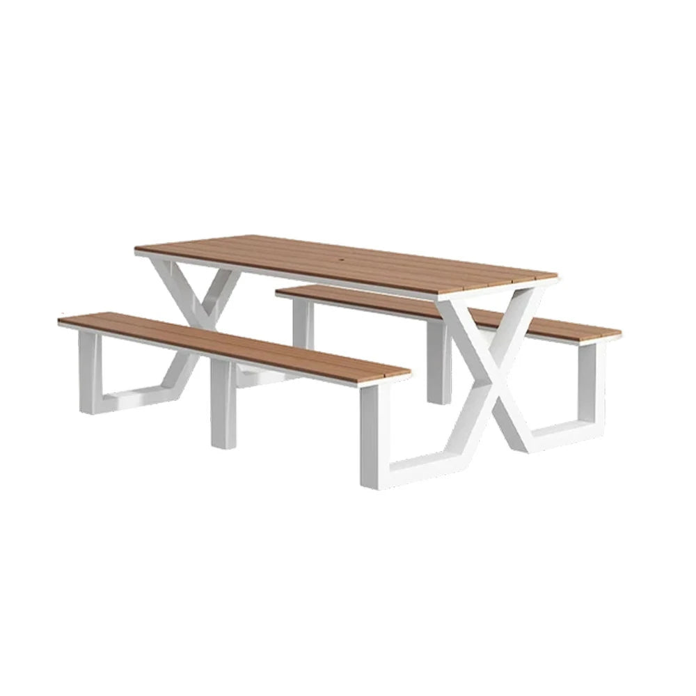 SOLARA Outdoor Table & Chair Set 120/160/200cm Waterproof Sun-Resistant Plastic-Wood Surface Carbon Steel Frame Stable Anti-Corrosion Design - White