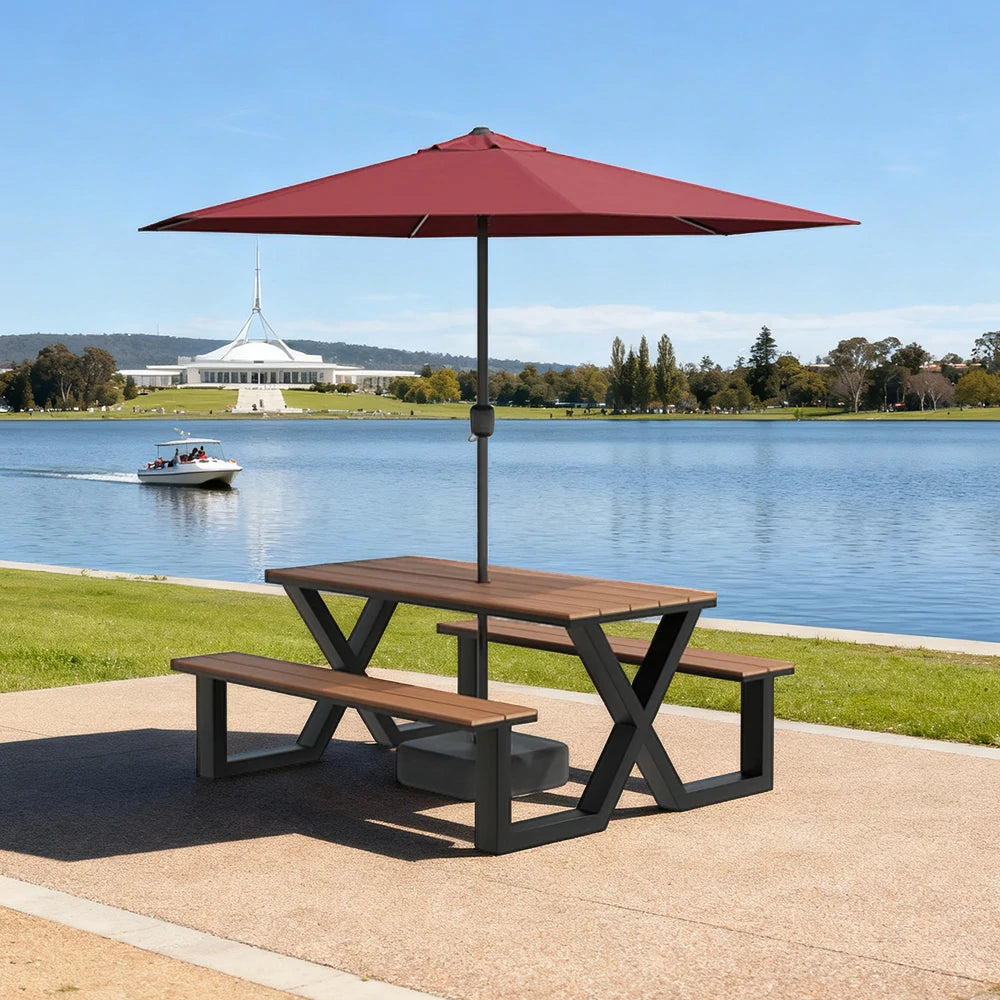 SOLARA Outdoor Table, Chair & Umbrella Set 120/160/200cm Waterproof Sun-Resistant Plastic-Wood Surface Carbon Steel Frame Stable Anti-Corrosion Design - Black