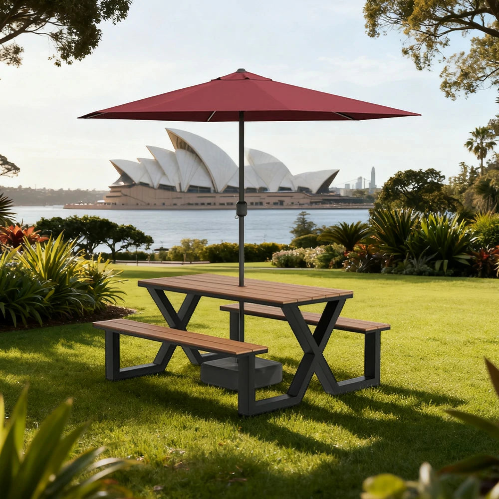 SOLARA Outdoor Table, Chair & Umbrella Set 120/160/200cm Waterproof Sun-Resistant Plastic-Wood Surface Carbon Steel Frame Stable Anti-Corrosion Design - Black