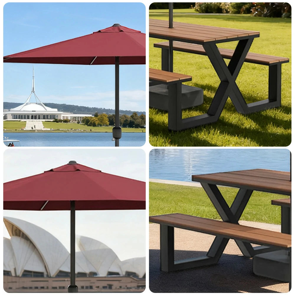 SOLARA Outdoor Table, Chair & Umbrella Set 120/160/200cm Waterproof Sun-Resistant Plastic-Wood Surface Carbon Steel Frame Stable Anti-Corrosion Design - Black
