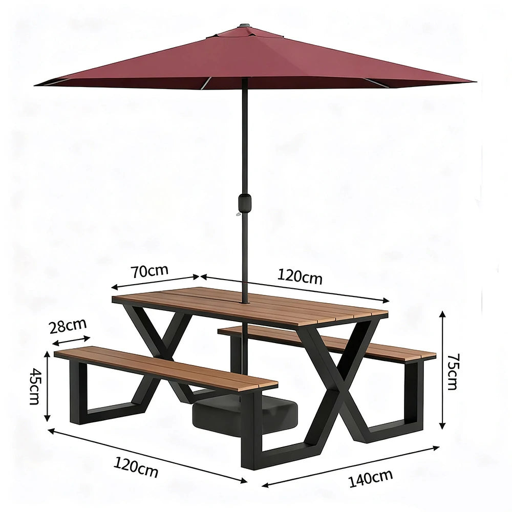 SOLARA Outdoor Table, Chair & Umbrella Set 120/160/200cm Waterproof Sun-Resistant Plastic-Wood Surface Carbon Steel Frame Stable Anti-Corrosion Design - Black