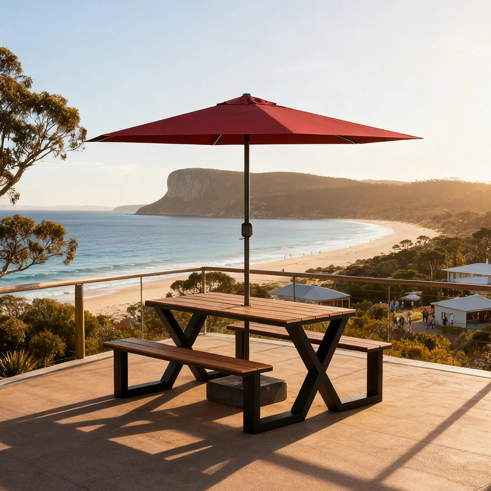 SOLARA Outdoor Table, Chair & Umbrella Set 120/160/200cm Waterproof Sun-Resistant Plastic-Wood Surface Carbon Steel Frame Stable Anti-Corrosion Design - Black