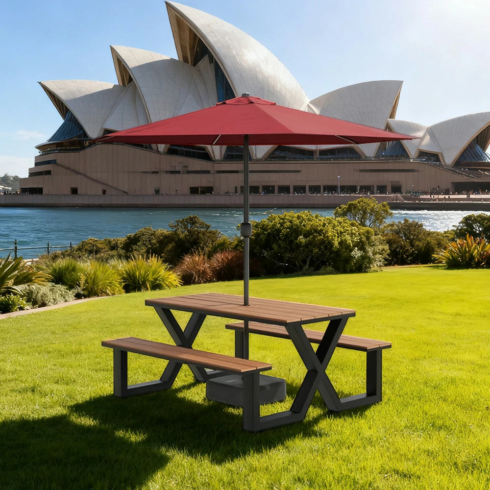 SOLARA Outdoor Table, Chair & Umbrella Set 120/160/200cm Waterproof Sun-Resistant Plastic-Wood Surface Carbon Steel Frame Stable Anti-Corrosion Design - Black