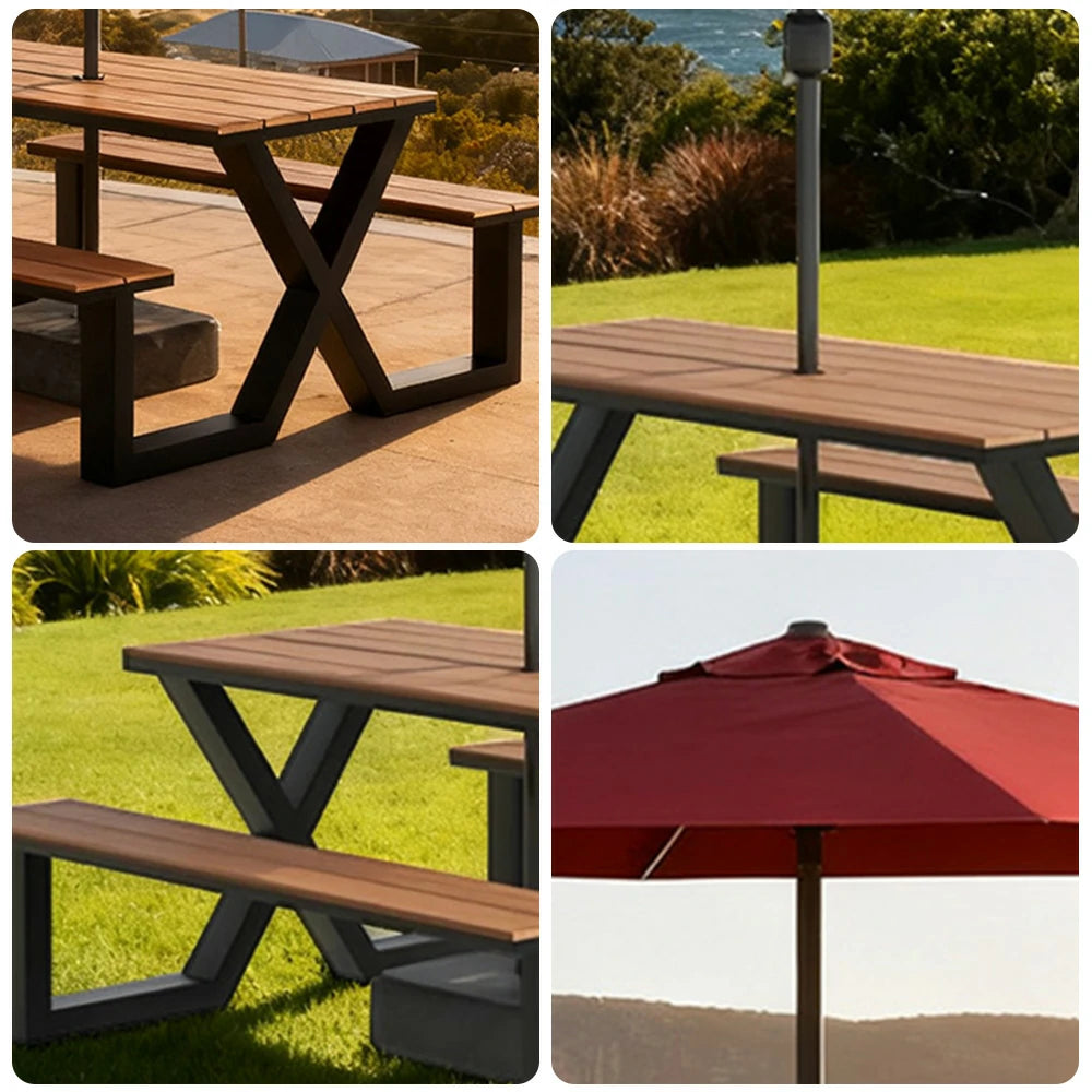 SOLARA Outdoor Table, Chair & Umbrella Set 120/160/200cm Waterproof Sun-Resistant Plastic-Wood Surface Carbon Steel Frame Stable Anti-Corrosion Design - Black