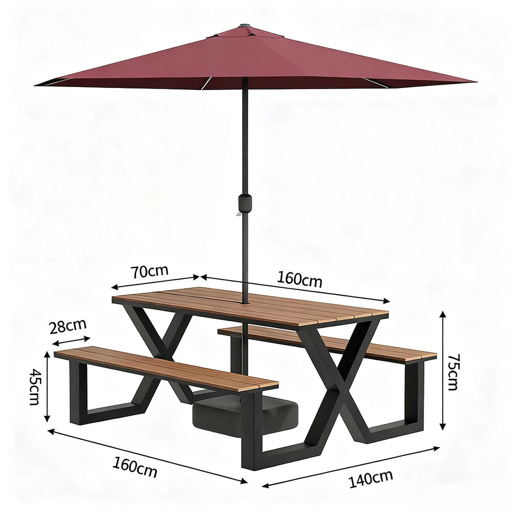 SOLARA Outdoor Table, Chair & Umbrella Set 120/160/200cm Waterproof Sun-Resistant Plastic-Wood Surface Carbon Steel Frame Stable Anti-Corrosion Design - Black