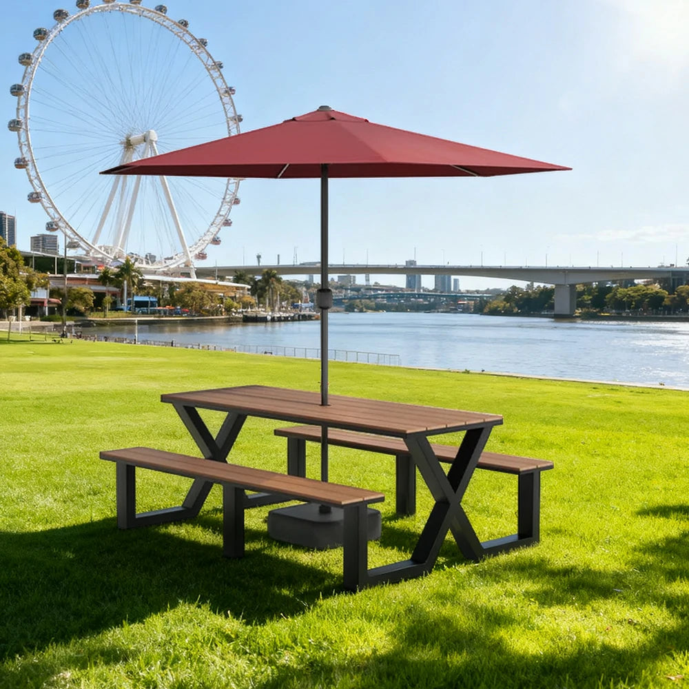 SOLARA Outdoor Table, Chair & Umbrella Set 120/160/200cm Waterproof Sun-Resistant Plastic-Wood Surface Carbon Steel Frame Stable Anti-Corrosion Design - Black