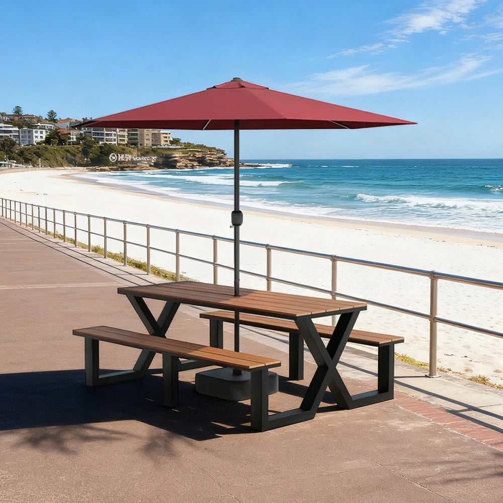 SOLARA Outdoor Table, Chair & Umbrella Set 120/160/200cm Waterproof Sun-Resistant Plastic-Wood Surface Carbon Steel Frame Stable Anti-Corrosion Design - Black