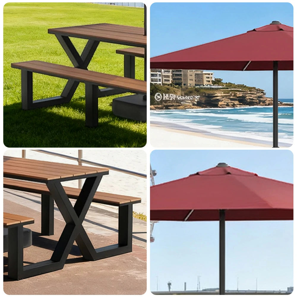 SOLARA Outdoor Table, Chair & Umbrella Set 120/160/200cm Waterproof Sun-Resistant Plastic-Wood Surface Carbon Steel Frame Stable Anti-Corrosion Design - Black
