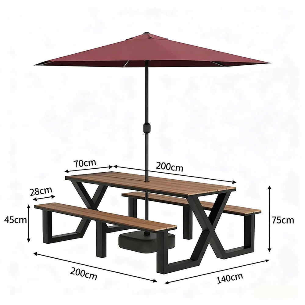 SOLARA Outdoor Table, Chair & Umbrella Set 120/160/200cm Waterproof Sun-Resistant Plastic-Wood Surface Carbon Steel Frame Stable Anti-Corrosion Design - Black