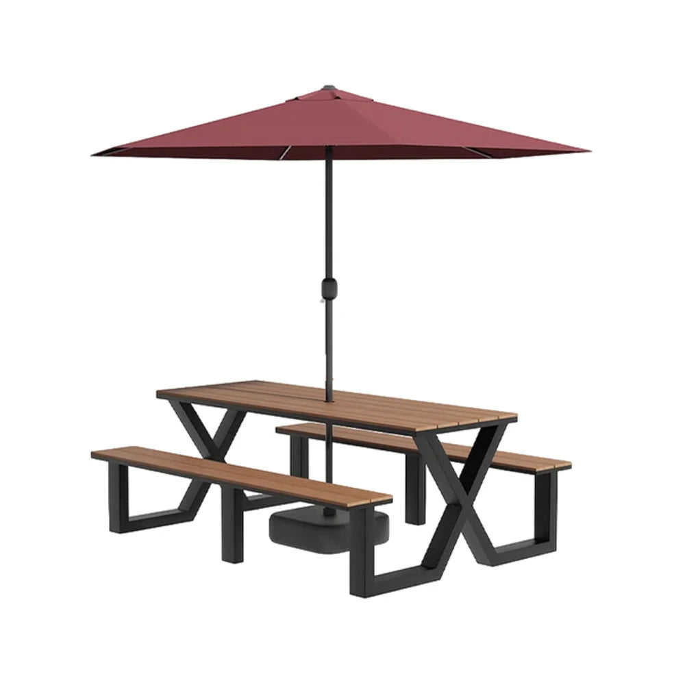 SOLARA Outdoor Table, Chair & Umbrella Set 120/160/200cm Waterproof Sun-Resistant Plastic-Wood Surface Carbon Steel Frame Stable Anti-Corrosion Design - Black
