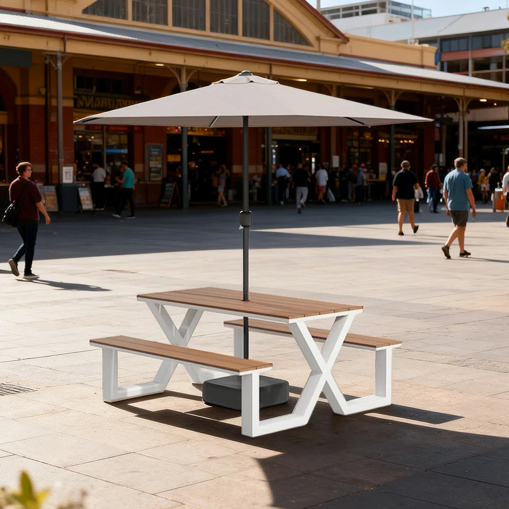 SOLARA Outdoor Table, Chair & Umbrella Set 120/160/200cm Waterproof Sun-Resistant Plastic-Wood Surface Carbon Steel Frame Stable Anti-Corrosion Design - White