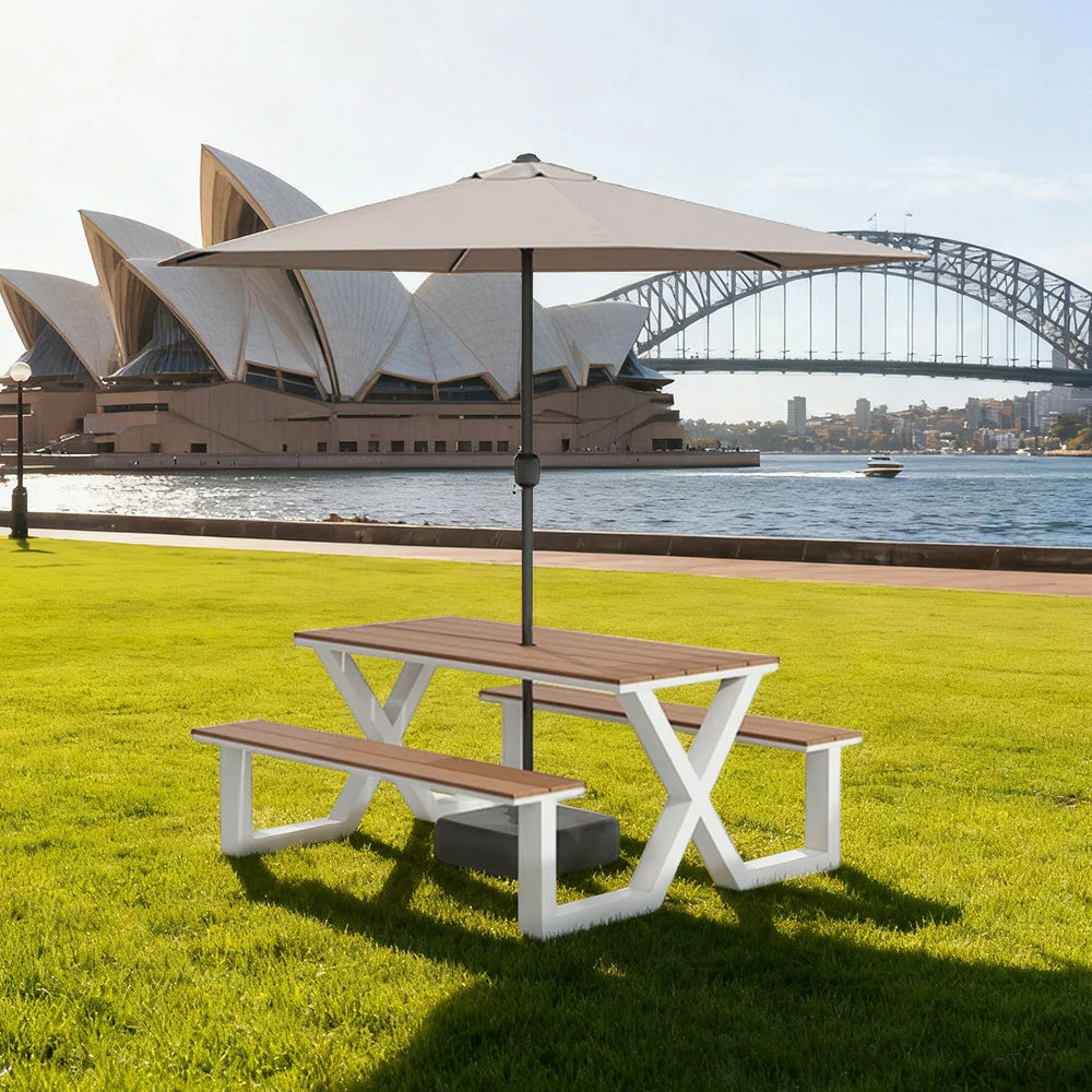 SOLARA Outdoor Table, Chair & Umbrella Set 120/160/200cm Waterproof Sun-Resistant Plastic-Wood Surface Carbon Steel Frame Stable Anti-Corrosion Design - White