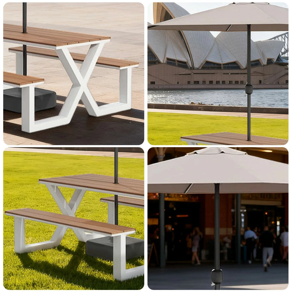 SOLARA Outdoor Table, Chair & Umbrella Set 120/160/200cm Waterproof Sun-Resistant Plastic-Wood Surface Carbon Steel Frame Stable Anti-Corrosion Design - White