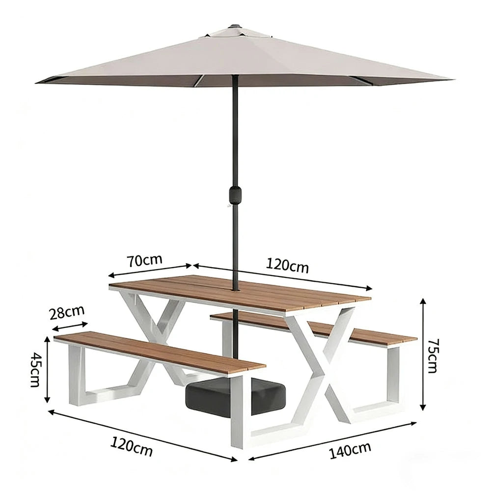 SOLARA Outdoor Table, Chair & Umbrella Set 120/160/200cm Waterproof Sun-Resistant Plastic-Wood Surface Carbon Steel Frame Stable Anti-Corrosion Design - White
