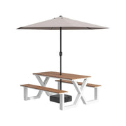 SOLARA Outdoor Table, Chair & Umbrella Set 120/160/200cm Waterproof Sun-Resistant Plastic-Wood Surface Carbon Steel Frame Stable Anti-Corrosion Design - White