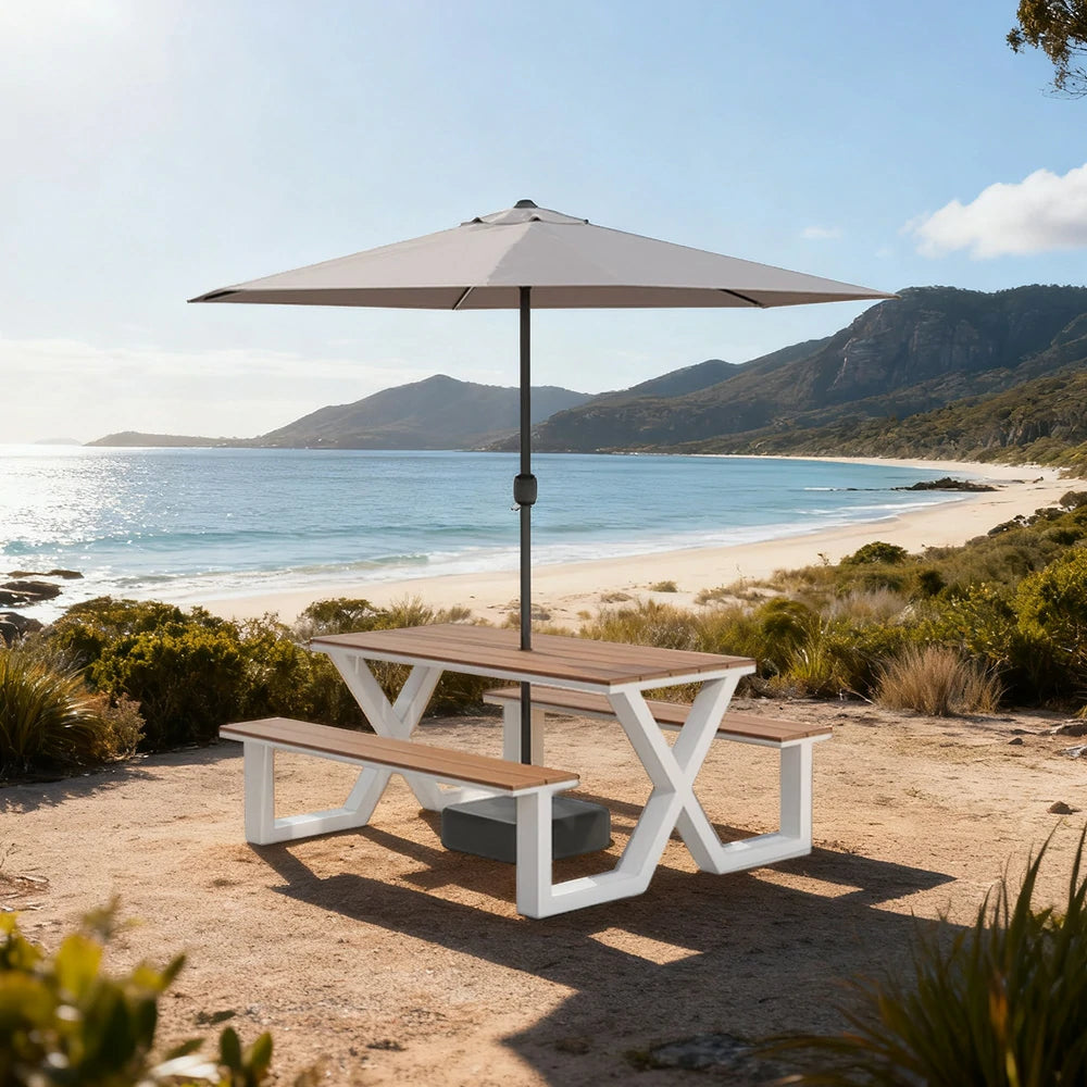 SOLARA Outdoor Table, Chair & Umbrella Set 120/160/200cm Waterproof Sun-Resistant Plastic-Wood Surface Carbon Steel Frame Stable Anti-Corrosion Design - White