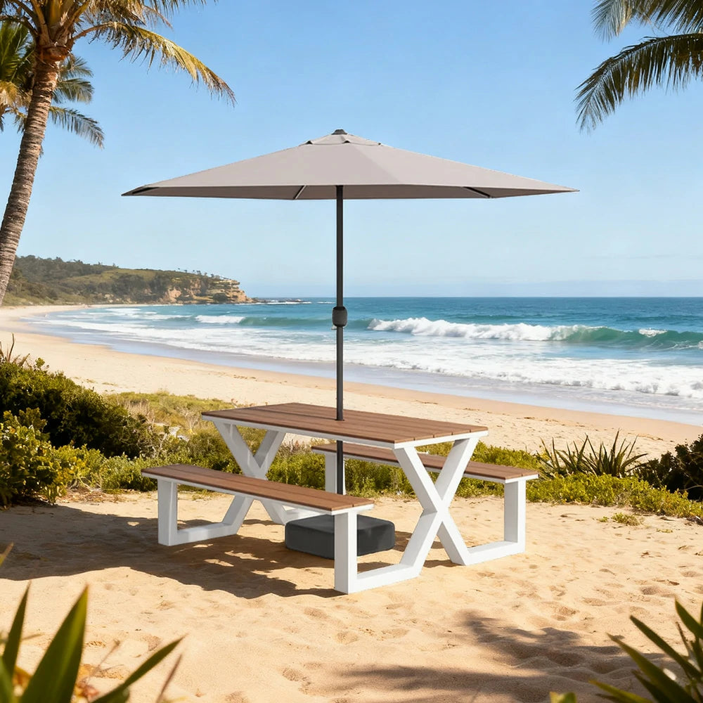 SOLARA Outdoor Table, Chair & Umbrella Set 120/160/200cm Waterproof Sun-Resistant Plastic-Wood Surface Carbon Steel Frame Stable Anti-Corrosion Design - White