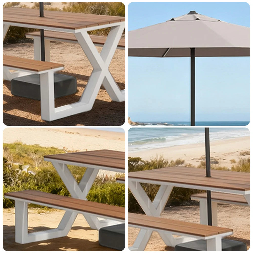 SOLARA Outdoor Table, Chair & Umbrella Set 120/160/200cm Waterproof Sun-Resistant Plastic-Wood Surface Carbon Steel Frame Stable Anti-Corrosion Design - White