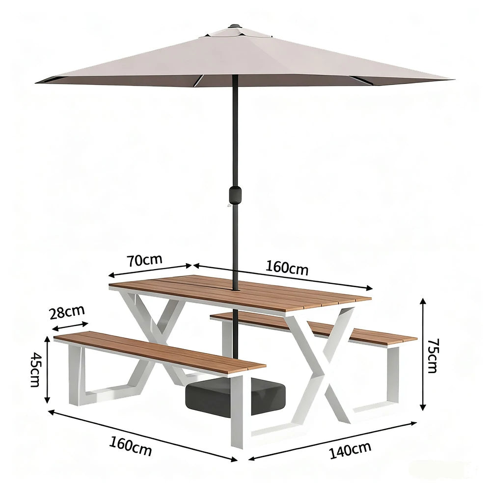 SOLARA Outdoor Table, Chair & Umbrella Set 120/160/200cm Waterproof Sun-Resistant Plastic-Wood Surface Carbon Steel Frame Stable Anti-Corrosion Design - White