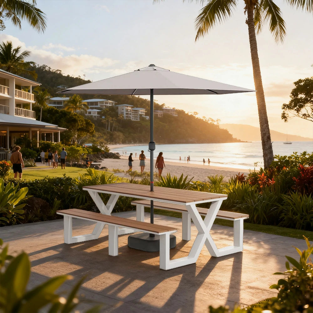 SOLARA Outdoor Table, Chair & Umbrella Set 120/160/200cm Waterproof Sun-Resistant Plastic-Wood Surface Carbon Steel Frame Stable Anti-Corrosion Design - White