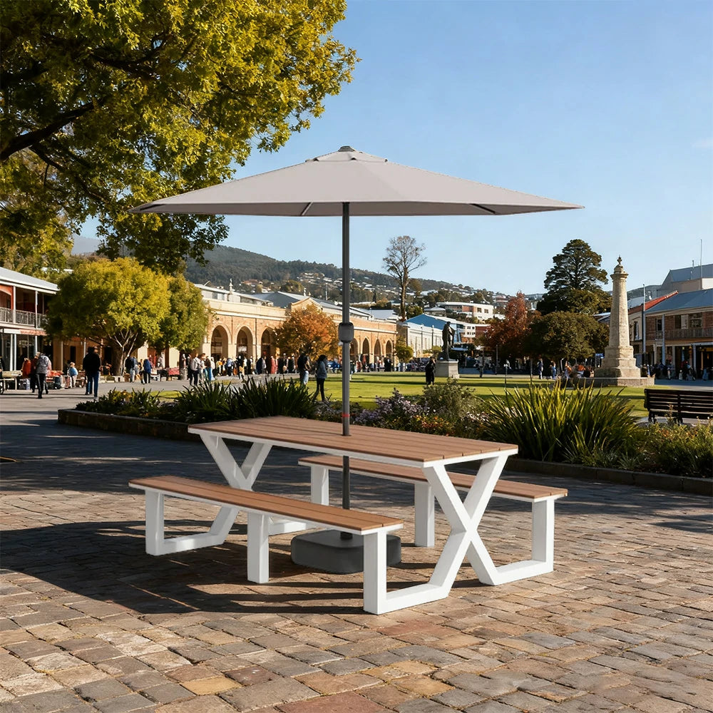 SOLARA Outdoor Table, Chair & Umbrella Set 120/160/200cm Waterproof Sun-Resistant Plastic-Wood Surface Carbon Steel Frame Stable Anti-Corrosion Design - White