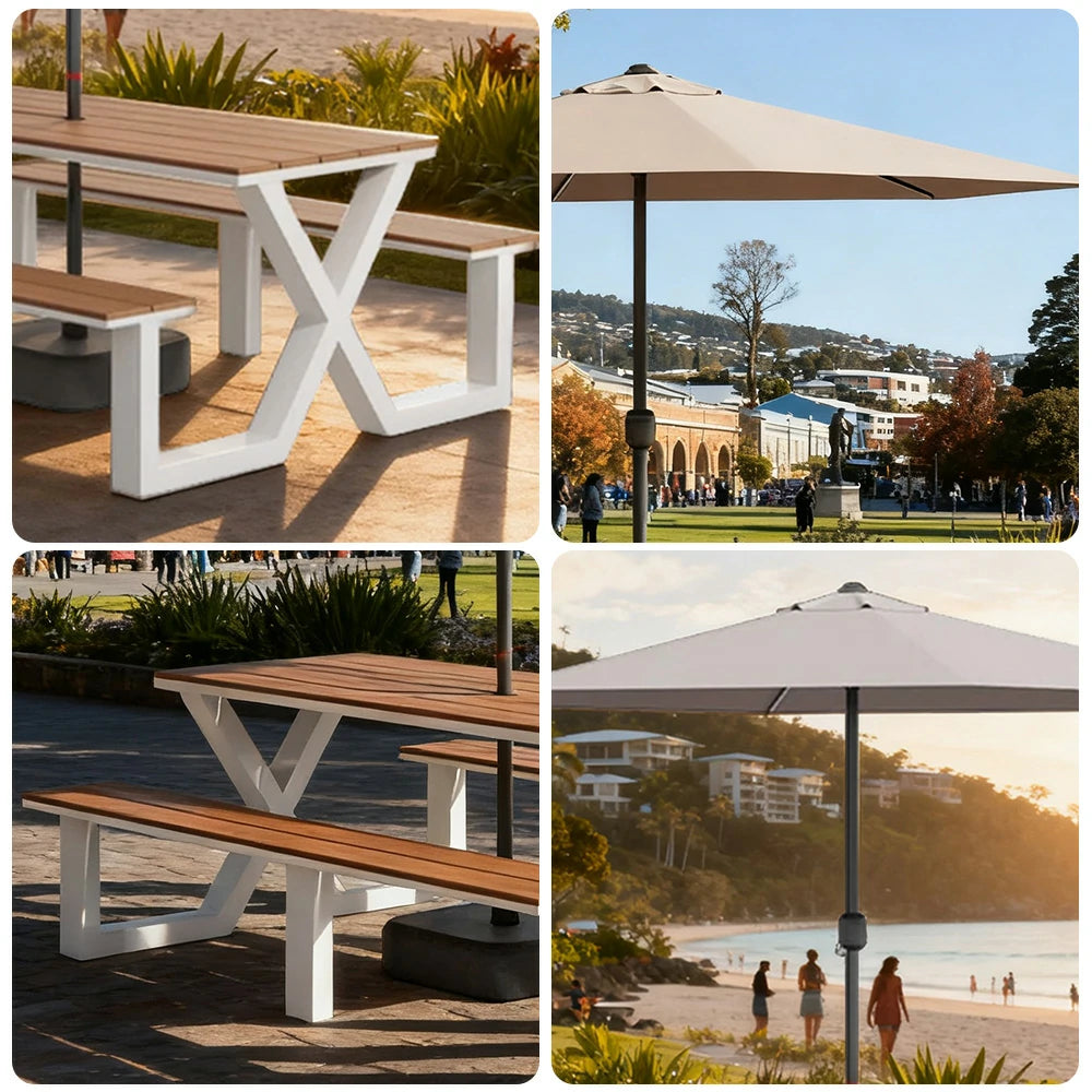 SOLARA Outdoor Table, Chair & Umbrella Set 120/160/200cm Waterproof Sun-Resistant Plastic-Wood Surface Carbon Steel Frame Stable Anti-Corrosion Design - White