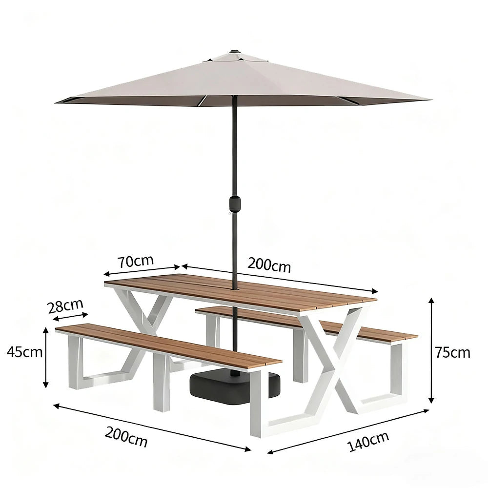 SOLARA Outdoor Table, Chair & Umbrella Set 120/160/200cm Waterproof Sun-Resistant Plastic-Wood Surface Carbon Steel Frame Stable Anti-Corrosion Design - White