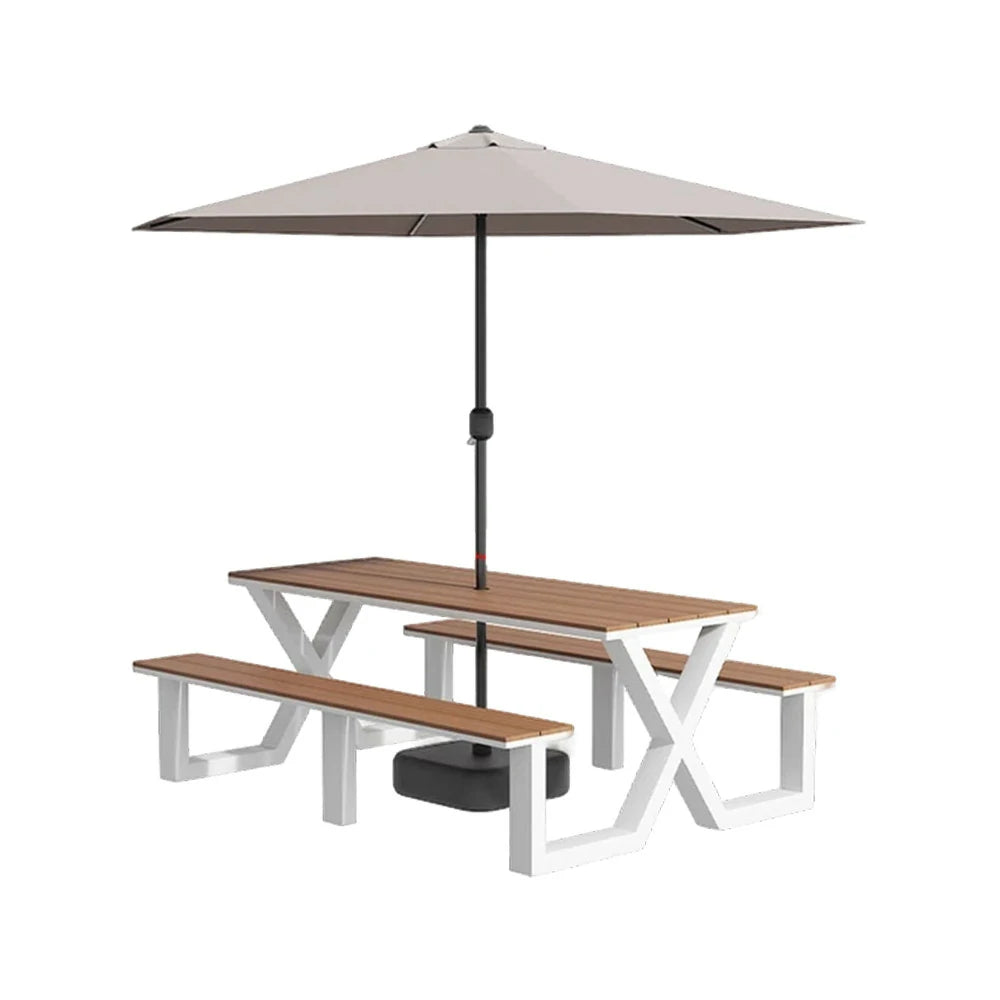SOLARA Outdoor Table, Chair & Umbrella Set 120/160/200cm Waterproof Sun-Resistant Plastic-Wood Surface Carbon Steel Frame Stable Anti-Corrosion Design - White