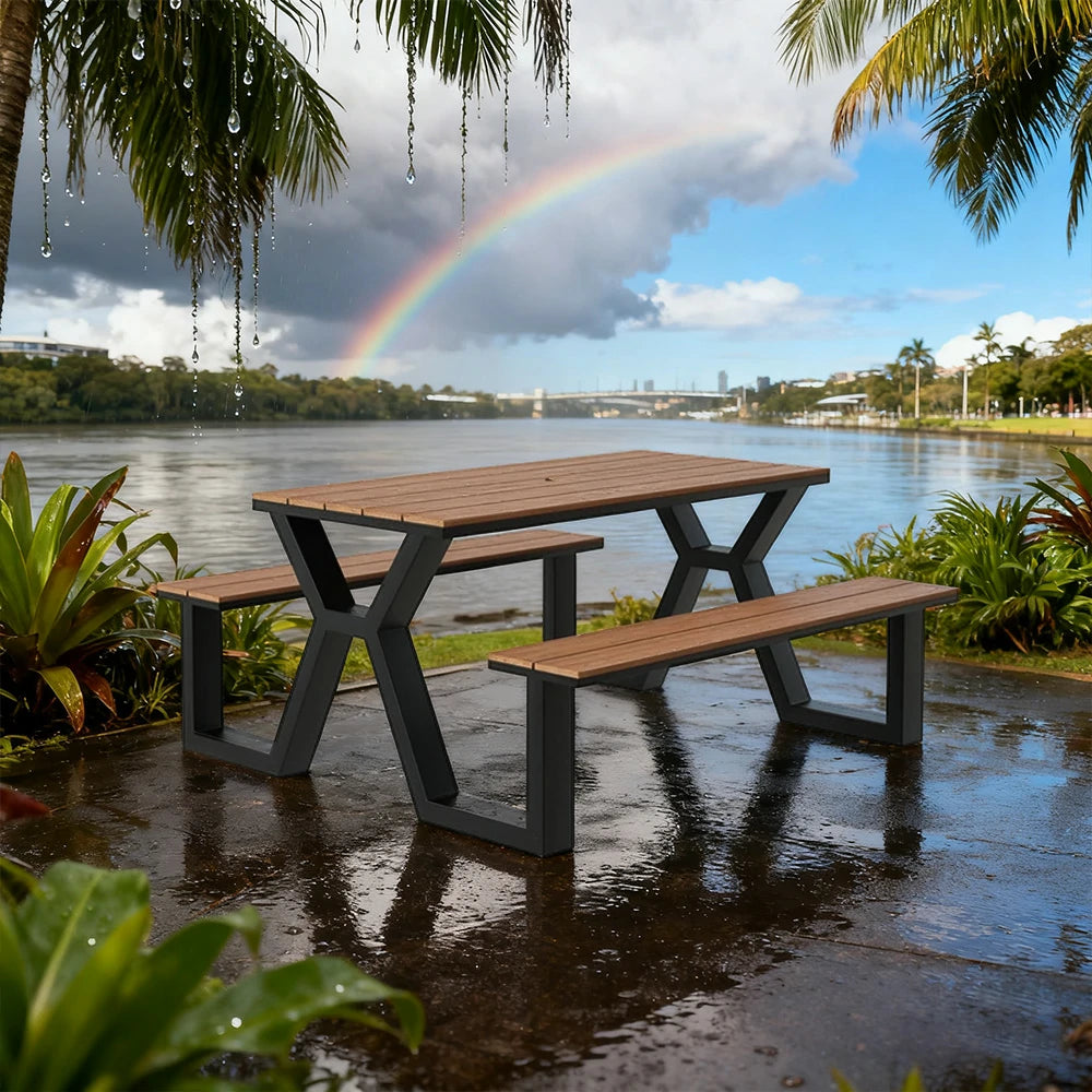 SOLARA Outdoor Table & Chair Set 120/160/200cm Eco-Friendly Waterproof Sunproof Plastic-Wood Surface Durable Anti-Oxidation Steel Frame - Black