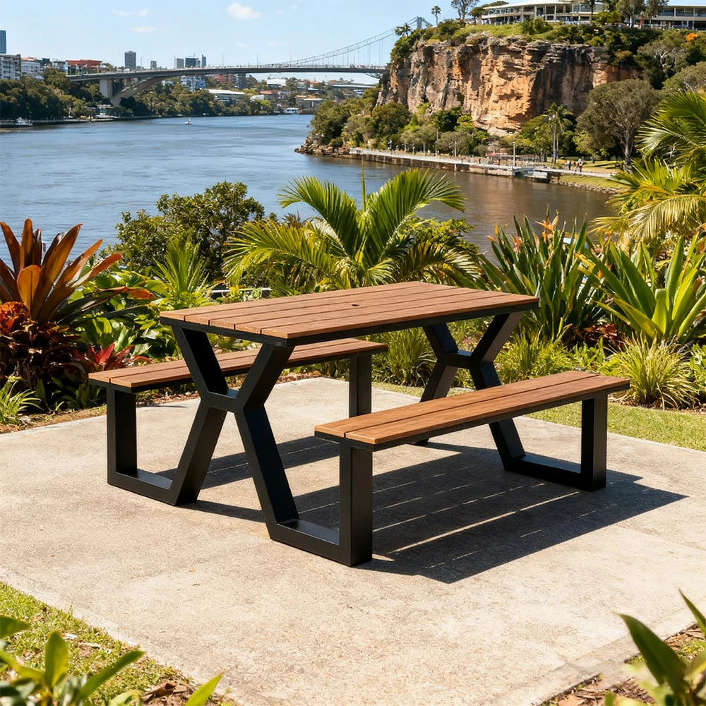 SOLARA Outdoor Table & Chair Set 120/160/200cm Eco-Friendly Waterproof Sunproof Plastic-Wood Surface Durable Anti-Oxidation Steel Frame - Black