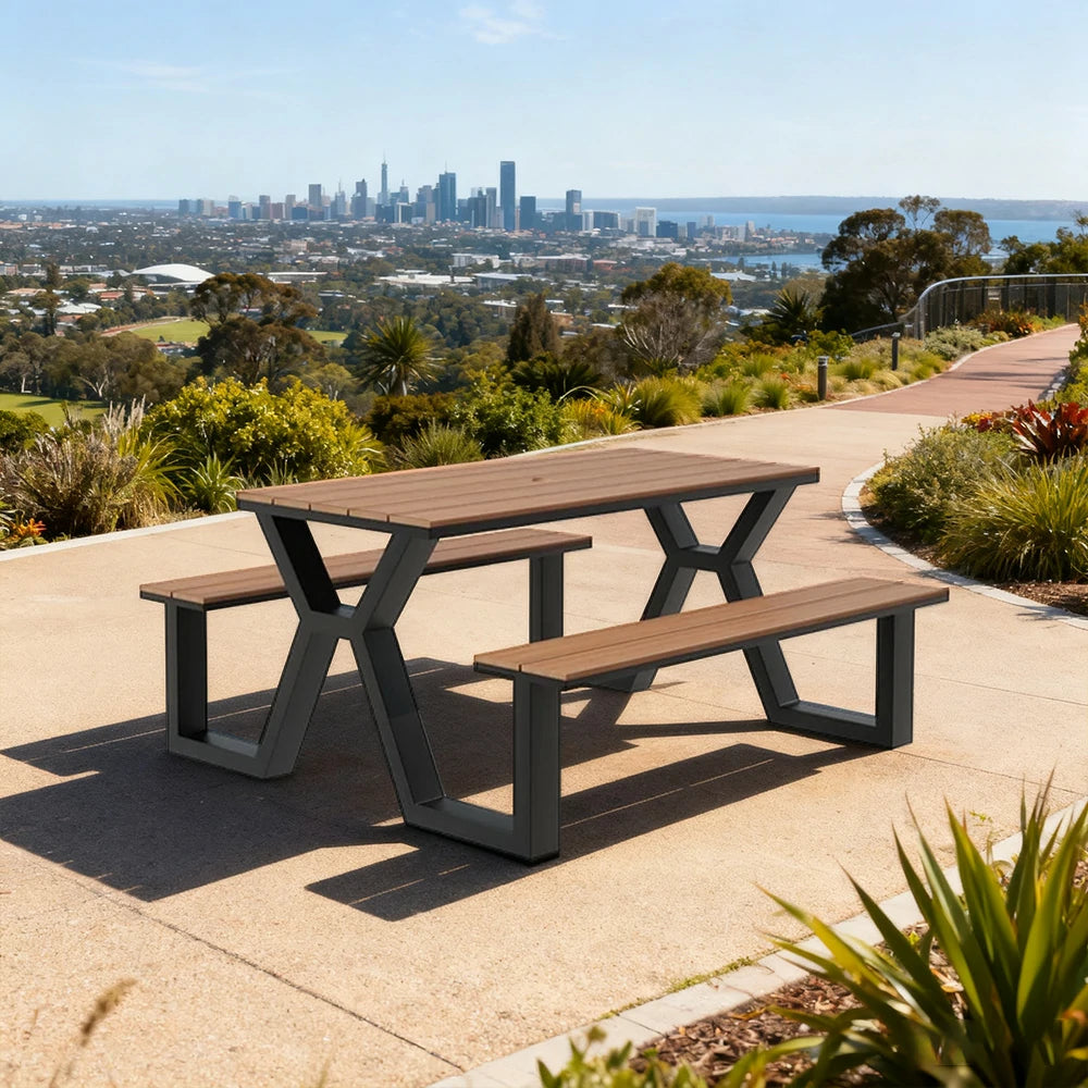 SOLARA Outdoor Table & Chair Set 120/160/200cm Eco-Friendly Waterproof Sunproof Plastic-Wood Surface Durable Anti-Oxidation Steel Frame - Black